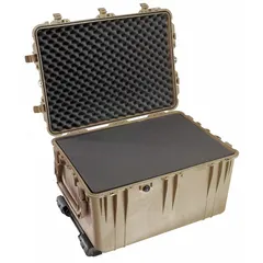 This PELICAN protective case has interior dimensions of 19 5/8 in x 28 1/4 in x 17 5/8 in. It features a folding handle and double throw case closure. The interior foam is configurable with convoluted, pick and pluck, and solid layers for customizing to protect tools, instruments, or electronics during transport or field use.