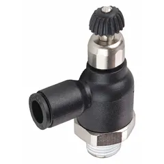 Compact elbow-style flow control valve with screw-type, meter-out function. Valve body size and tube size both 10 mm. Constructed from Technical Polymer. Used to regulate exhaust flow from pneumatic actuators for precise speed adjustment in space-constrained installations.