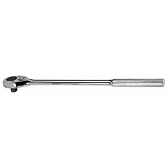 This reversible standard-head ratchet features a 1/2-inch drive size and a 16-inch overall length, providing leverage for tightening and loosening fasteners. The chrome finish resists corrosion, and the 15° minimum arc swing enables use in confined spaces. Suitable for general mechanical and assembly tasks.