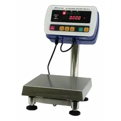 Food scale with a 9 3/4 in square weighing surface, LED display, and RS-232C connection port. Readability of 0.005 lb/0.002 kg. IP69K rating enables use in wet environments requiring high-pressure washdown. Suitable for commercial kitchens and food processing applications.