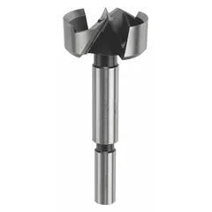 Carbon steel Forstner bit for drilling flat-bottomed, clean-edged holes in wood, plywood, and composite materials. Features a 1-1/2 in cutting diameter, 4 in overall length, and 3/8 in straight shank. Suitable for cabinetmaking, furniture building, and joinery applications.