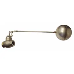 This float valve assembly automatically controls water levels in tanks, reservoirs, and cooling towers. It features a straight valve body with 2 in FNPT inlet and outlet connections, mounts on horizontal piping, and includes a float and rod. The adjustable arm allows for level setting, and the valve delivers a flow rate of 175 gpm at 60 psi.