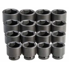 This 16-piece SAE impact socket set features a 1 in drive and includes six-point sockets ranging from 2-1/16 in to 3 in. Designed for heavy-duty fastening and loosening of large bolts and nuts on industrial machinery and equipment.