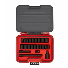 This 23-piece socket set includes both SAE (1/4 in to 3/4 in) and metric (7 mm to 17 mm) standard sockets with a 3/8 in drive. Suitable for tightening and loosening fasteners in maintenance, repair, and assembly tasks. Not tether capable; socket bits not included.