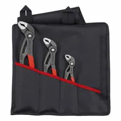 This set of tongue and groove pliers features a push-button adjustment mechanism for quick size changes. The curved jaw design provides a secure grip on nuts, pipes, and fittings. Max jaw openings: 1 3/4 in, 1 3/16 in, and 2 3/64 in. Suitable for gripping, turning, and holding in maintenance and mechanical tasks.