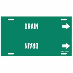 Pipe marker for identifying drain lines. Green background with white legend and directional arrows. Fits pipe outer diameters from 6 to 7-7/8 inches. Supplied as a single marker.