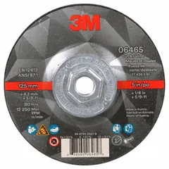 This 5-inch diameter, 1/8-inch thick Type 27 wheel features ceramic grain at 36 grit and a 5/8"-11 arbor. It is designed for cutting and grinding carbon and stainless steel, enabling combined cut-off and grinding operations in a single pass.