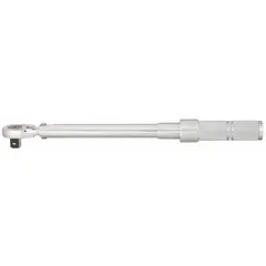 This ratcheting micrometer torque wrench has a 1/2-inch square drive and a torque range of 16 to 80 foot-pounds. It is used for precision tightening of threaded fasteners in assembly, maintenance, and repair tasks where accurate torque control is required.