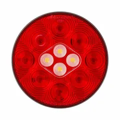 Red LED stop, turn, and tail combination light in a round housing with grommet mount for permanent installation. Features a connector-type electrical connection and meets SAE J593 standards with an IP67 rating for dust and water ingress protection. Commonly used on trailers, trucks, and heavy equipment for road safety.
