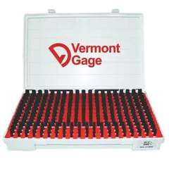 This No-Go (minus) pin gauge set covers diameters from 14 mm to 16.48 mm in 0.01 mm increments. The ZZ tolerance class provides a tolerance of +/-0.0050 mm. The black oxide finish resists corrosion. These gauges are used to verify that holes or bores do not exceed their maximum material limit in industrial gaging applications.