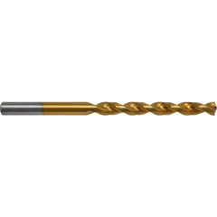 This 15/32" taper-length drill bit is made from cobalt steel with a titanium nitride (TiN) coating for wear resistance. The 135° split point reduces walking and heat buildup, while the fast spiral flute design aids chip evacuation in deep hole-drilling applications. Suitable for use in metalworking and fabrication where extended reach and consistent performance are required.