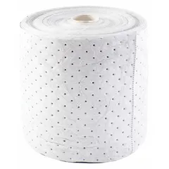 White polypropylene sorbent roll, 150 ft long and 15 in wide. Used for absorbing industrial spills, leaks, and drips in maintenance, manufacturing, and processing environments.