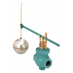 General service float and lever valve assembly for automatic water level control in tanks or reservoirs. Features an iron angle valve body, adjustable arm, and includes float and rod with 5/16"-18 thread. Rated for 384 gpm at 40 psi, for horizontal piping installation.