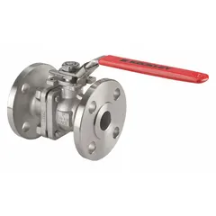 This KECKLEY manual two-way ball valve is constructed from 316 stainless steel with a straight, two-piece body and Class 150 flanged ends. It features a locking lever handle for secure on/off flow control. Typical applications include industrial piping systems requiring corrosion resistance and positive shutoff.