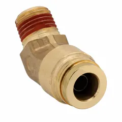 This brass adapter features a push-to-connect fitting for 1/2 in OD tubing and a 1/4 in male NPT thread. It includes Vibra-Seal thread sealant pre-applied for vibration-resistant sealing. Used in pneumatic systems such as air brake lines on trucks and trailers.