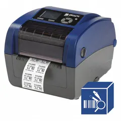 PC-connected desktop printer for single-color thermal transfer printing. Prints labels up to 4 5/8 inches wide. Includes Brady Workstation Product and Wire ID Software Suite and a ribbon paper core accessory. Suitable for on-demand industrial labeling such as wire markers, panel labels, and asset tags.
