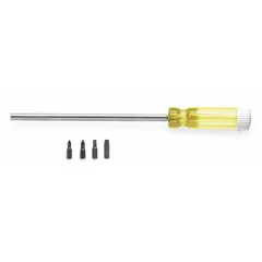 This multi-bit screwdriver includes four magnetic tips: Phillips #1 and #2, and slotted 3/16 in and 5/32 in. The magnetic tips aid in fastener retention during assembly, maintenance, and repair tasks.
