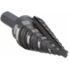 High-speed steel step drill bit with black oxide finish, covering a range of 4 mm to 20 mm. Features a 3-flats shank for secure chuck grip. Suitable for drilling clean holes in sheet metal, plastic, and thin materials.