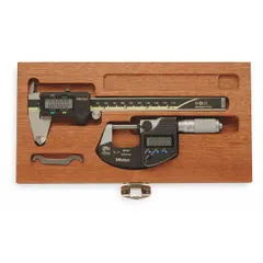 This 3-piece kit includes a digital caliper with a 0 to 6 in range and a digital outside micrometer with a 0 to 1 in range, supplied in a protective case. Used for dimensional measurement of machined parts, assemblies, and workpieces in quality control and inspection applications.