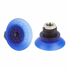 Bell type vacuum pad assembly with G1/4 in connection and 58.4 mm pad diameter. Made of Elastodur ED material in blue with 85 A hardness. Suitable for handling sheet metal, glass, or plastic components in assembly and transfer operations.