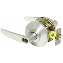 This BEST storeroom lever lockset features a satin chromium-plated zinc finish and a 7KC Curved No Return Lever. It is ADA compliant with an interchangeable core and ANSI F86 function, providing keyed entry from outside and free egress from inside. Suitable for interior doors in commercial storage rooms, utility closets, and back-of-house areas.