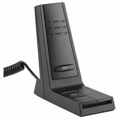 This black speaker microphone is designed for use with VX-2100 and VX-2200 series two-way radios. It features a Push To Talk button for convenient communication. Typical applications include industrial, security, and field service environments where hands-free operation and clear audio are required.