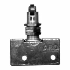 Two-way, two-position, spring-return valve with roller actuator. Silver finish. Maximum flow rate 7.5 scfm. Configurable as normally open or normally closed. Used to start, stop, or direct airflow in pneumatic systems for industrial applications such as machining, material handling, and packaging.
