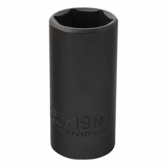 Metric thin wall impact socket with 3/8 in drive, 19 mm hex size, 6-point deep configuration, and 2 in overall length. Black Oxide finish. For use with impact tools in fastening and loosening hex fasteners.