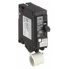 Single-pole miniature circuit breaker rated 15 A at 120V AC, with a 10kA interrupting capacity. Plug-in QF-type design for use in Siemens Load Centers. Provides overcurrent protection for branch circuits in residential and light commercial electrical panels.
