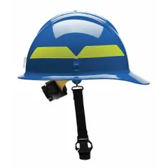 This BULLARD wildland fire helmet features a blue shell with a front brim and includes a chin strap. It is equipped with a 6-Point Sure-Lock ratchet suspension for secure fit adjustment. Designed for head protection during wildland firefighting operations in outdoor environments.