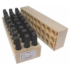 Steel hand stamp kit containing characters A through Z and a period (.) with 1/8 in character height. Designed for permanent marking of metal, plastic, or wood parts in industrial maintenance, tool identification, and quality control applications.