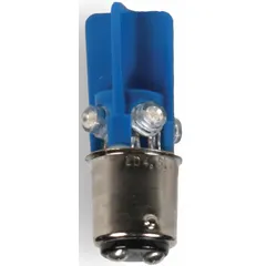 T3-1/4 tubular LED lamp with BA15d double-contact bayonet base. Operates at 240V AC and emits blue light. Used for panel indicators, alarm beacons, and status lights in industrial control panels and safety systems.