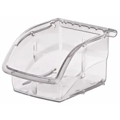 Clear plastic bin for organizing small parts, components, and hardware in industrial workstations, warehouses, and assembly lines. Clear design allows quick visual identification of contents. Integrated label holder supports clear labeling for inventory management. Not electrostatic discharge conductive. Contains 0% recycled content.