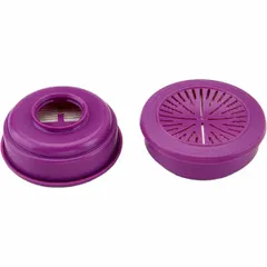 P100 particulate filter with threaded connection, magenta color. Provides high-efficiency filtration against solid and liquid aerosols including dusts, mists, and fumes. Sold in a 4-pack. Compatible with NORTH 5400, 5500, 7600, 7700, RU6500, and RU8500 series reusable respirators.