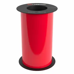 Thermal transfer continuous label roll for industrial labeling, including pipe marking, safety signage, and asset identification. Red gloss vinyl material rated for indoor/outdoor use. Compatible exclusively with LabelTac 9 printer series.