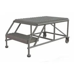 This rolling steel platform provides a stable elevated work surface for maintenance, assembly, and warehousing tasks. Its tilt-and-move base allows one person to reposition it easily. Fixed height of 1.7 ft, 24 in x 35 in deck, 800 lb load capacity. No handrails or locking mechanism.