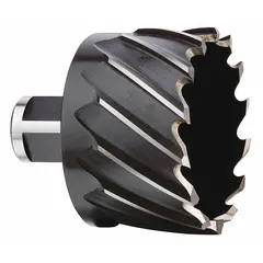 This high-speed steel annular cutter features a black oxide finish and a 2-inch cutter diameter with a 1-inch maximum cutting depth. Designed for use with magnetic drill presses, it is suited for general cutting applications in metal fabrication and structural steel work, producing clean holes in steel plates and beams.