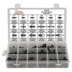 This 164-piece assortment of push-in rivets is intended for automotive trim and panel fastening. The kit includes a range of retainers suitable for interior and exterior applications, enabling secure attachment without specialized tools.
