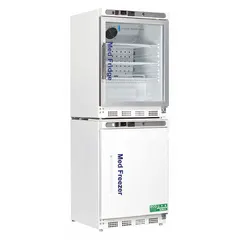 This pharmacy refrigerator-freezer provides 4.6 cu ft of refrigerator capacity for storing temperature-sensitive medications and biological samples. It features two swing glass doors with a right hinge, allowing visible and organized storage in clinical or laboratory settings.