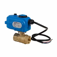 Brass electrically actuated two-way ball valve with 1/4 in FNPT x FNPT straight connections. Operates on 110V AC and includes a manual override actuator. Features an ISO 5211 actuator mounting pad and brass stem. Used for on/off flow control in industrial piping systems such as process plants, HVAC, and pump systems.