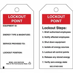 This polyester lockout tag features a write-on surface for marking energy isolation points during maintenance. Printed in English, it serves as a visible warning to prevent accidental equipment startup in industrial lockout/tagout procedures.