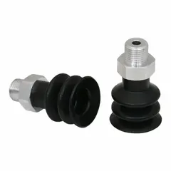 Multi-bellows vacuum pad assembly with 2.5 folds, designed for handling delicate components in electronics manufacturing. Features G1/8 in connection, 21 mm pad diameter, 28.1 mm pad height, NBR material with 55 A hardness, and black color.