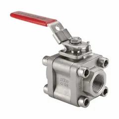 This KECKLEY ball valve is a straight, two-way, three-piece design with socket x socket connections. Constructed from 316 stainless steel, it features a locking lever handle for secure on/off flow control. Suitable for use in industrial piping systems requiring corrosion resistance.