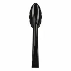 Black plastic serving tongs with an overall length of 8 7/8 in and width of 1 3/4 in. NSF Certified for use in foodservice environments. Not dishwasher safe. Suitable for hygienic handling and serving of food items in commercial kitchens, cafeterias, and catering operations.