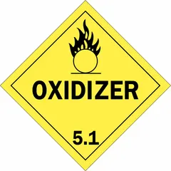 Class 5 placard for identifying containers holding oxidizing agents and organic peroxides during transport. Displays 'OXIDIZER' and hazard class 5.1. Measures 10 3/4 in x 10 3/4 in. Used for compliance with hazardous material shipping and storage regulations.