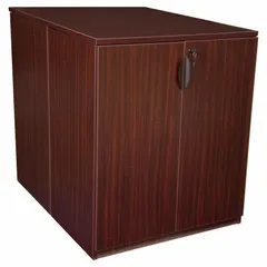 This REGENCY storage cabinet features a laminate mahogany desktop and frame, measuring 36 inches wide by 41 inches high. It includes a modesty panel and is configured as a back-to-back storage cabinet or storage cabinet with zero drawers. Suitable for office or commercial workspaces requiring a compact work surface.