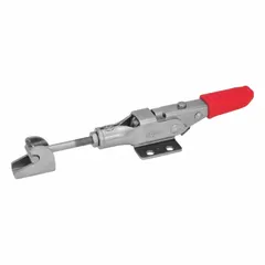 This T-Head Latching Bolt Toggle Clamp features a locking horizontal handle and includes a 13 mm maximum hook adjustment. It is used in industrial fixturing and workholding to securely latch and hold components during machining, assembly, or welding operations.
