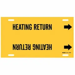 Yellow pipe marker with black legend 'Heating Return' and directional arrows. Fits pipe outer diameters from 8 to 9-7/8 inches. Supplied as a single strap-on marker for identifying heating return lines in piping systems.