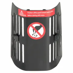 Steel curved guard for magnetic drill presses. Mounts via collar clamp. Provides operator shielding during drilling operations. Guard height 5-1/8 in, width 3-1/8 in.
