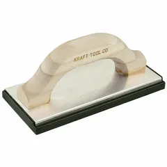 Tile float with a square rubber blade and a wood handle. Used for spreading and smoothing grout or mortar during tile installation. The rubber blade works material into joints without scratching tiles.